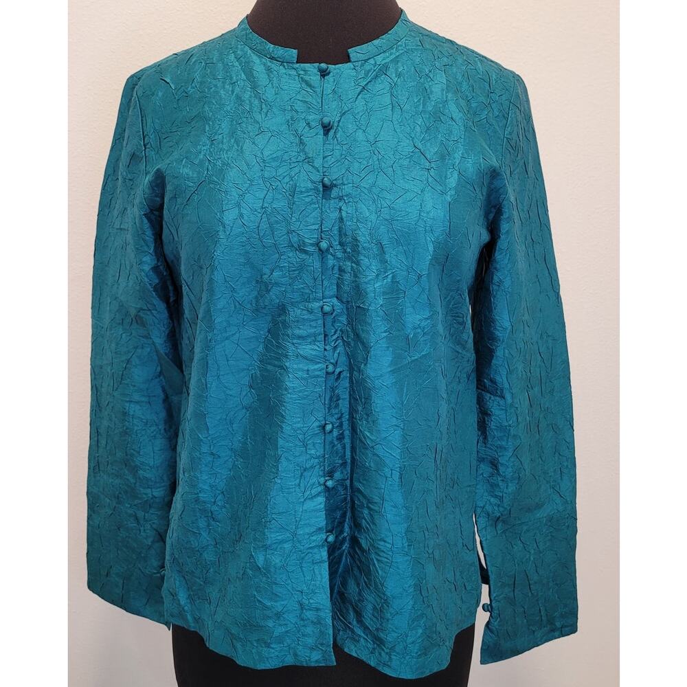 Eileen Fisher Crushed Silk Jacket S Teal Mandarin Collar Designer Art Minimalist